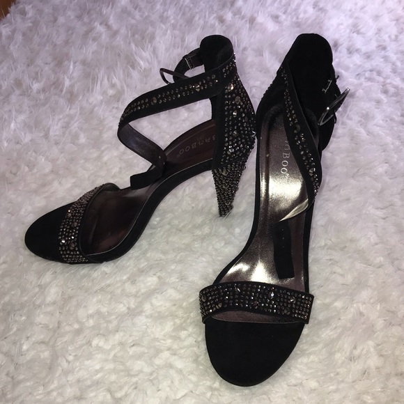 Bamboo black , silver studded ankle strap heeled sandals - Picture 2 of 8
